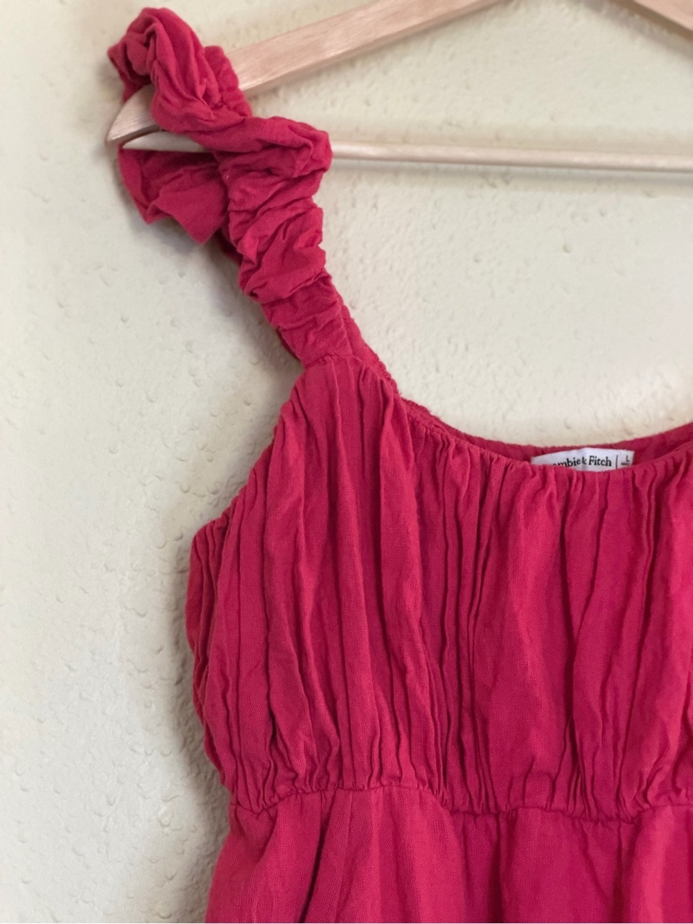 Abercrombie & Fitch | Pink Linen Blend Mini Dress Ruched Ruffle Pockets - Size L - Picture 3 of 7